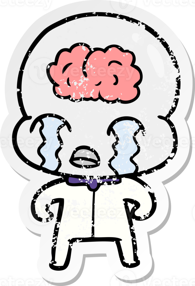 distressed sticker of a cartoon big brain alien crying png
