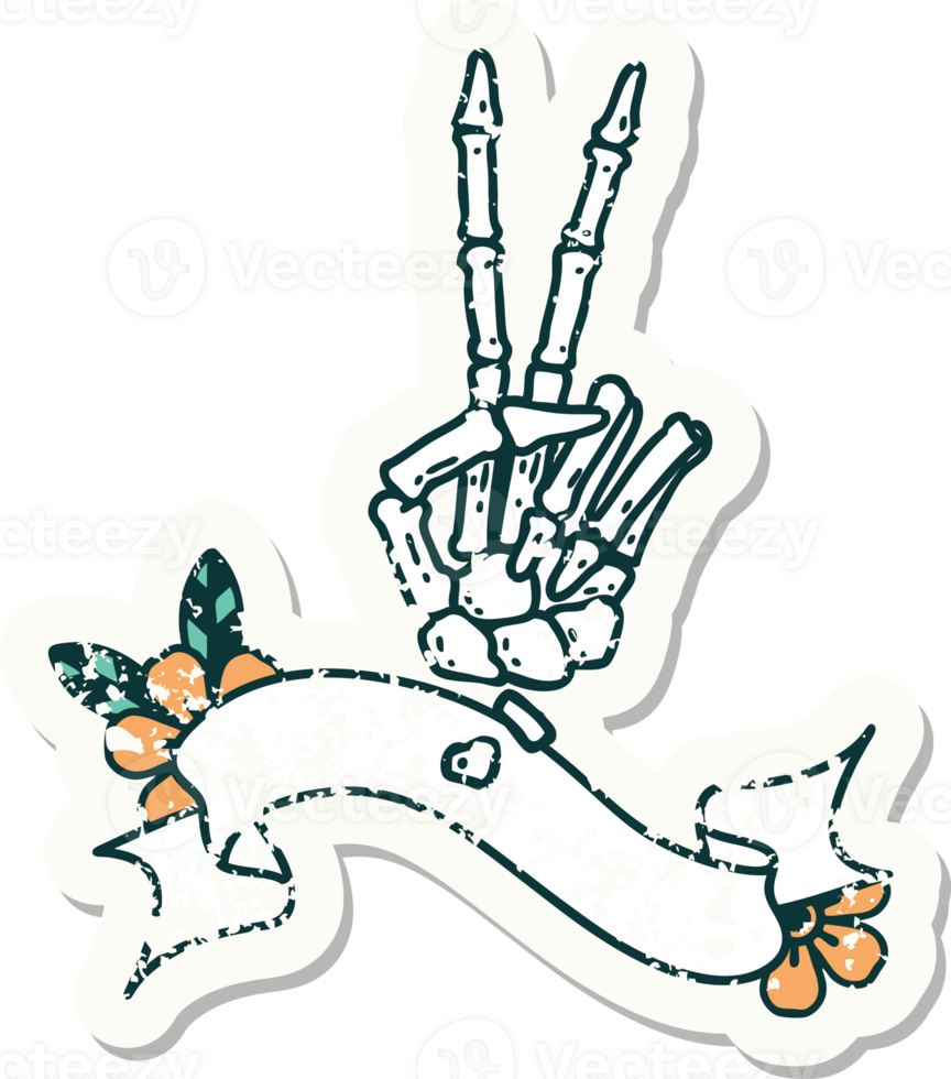 grunge sticker with banner of a skeleton hand giving a peace sign png
