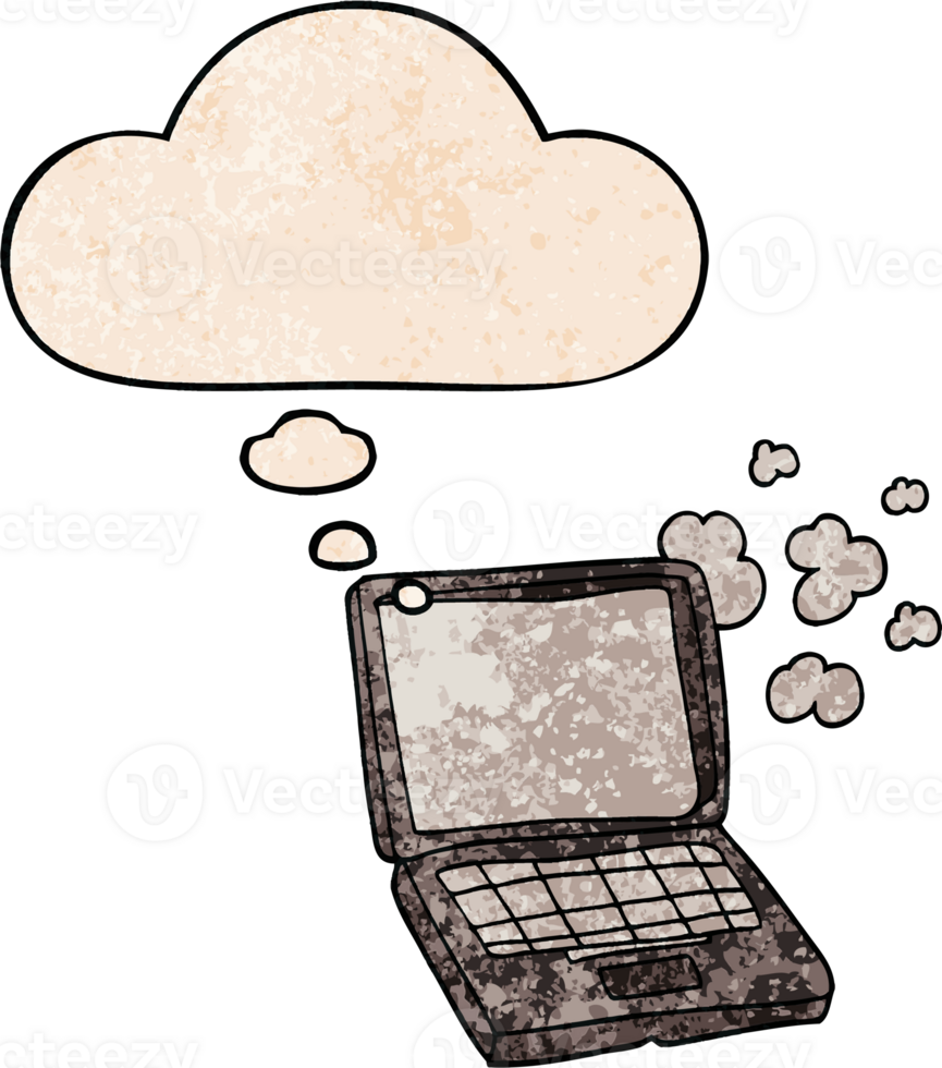 cartoon laptop computer and thought bubble in grunge texture pattern style png