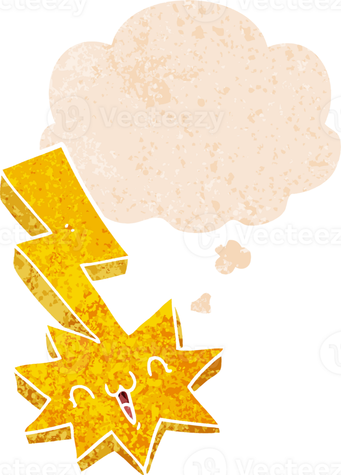 cartoon lightning bolt and thought bubble in retro textured style png