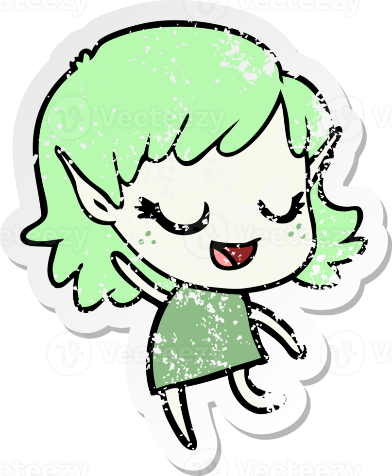distressed sticker of a happy cartoon elf girl png
