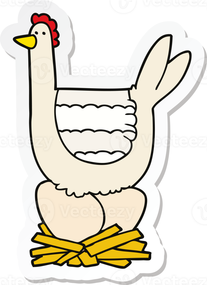 sticker of a cartoon chicken sitting on eggs in nest png