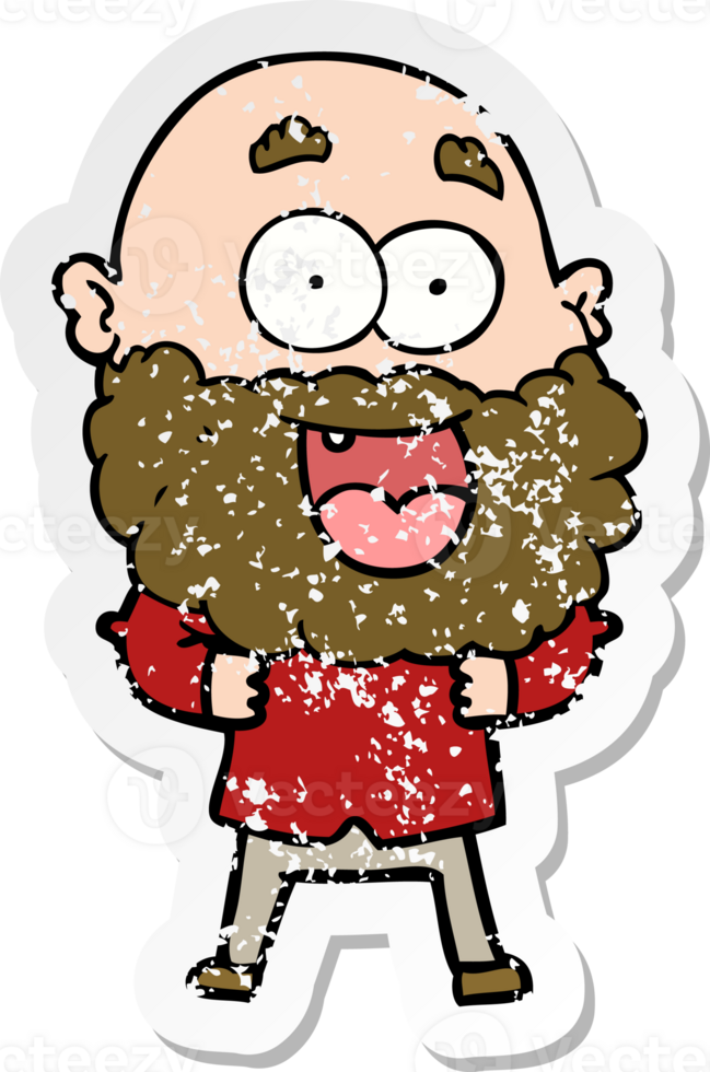 distressed sticker of a cartoon crazy happy man with beard png