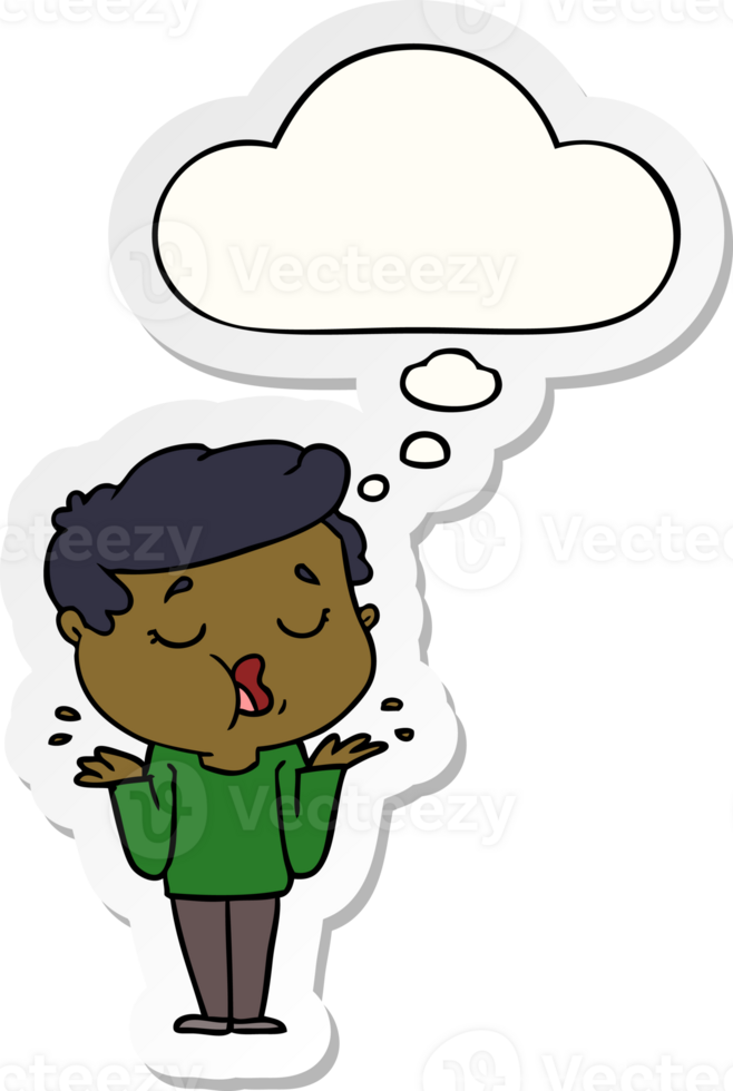 cartoon man talking and shrugging shoulders and thought bubble as a printed sticker png