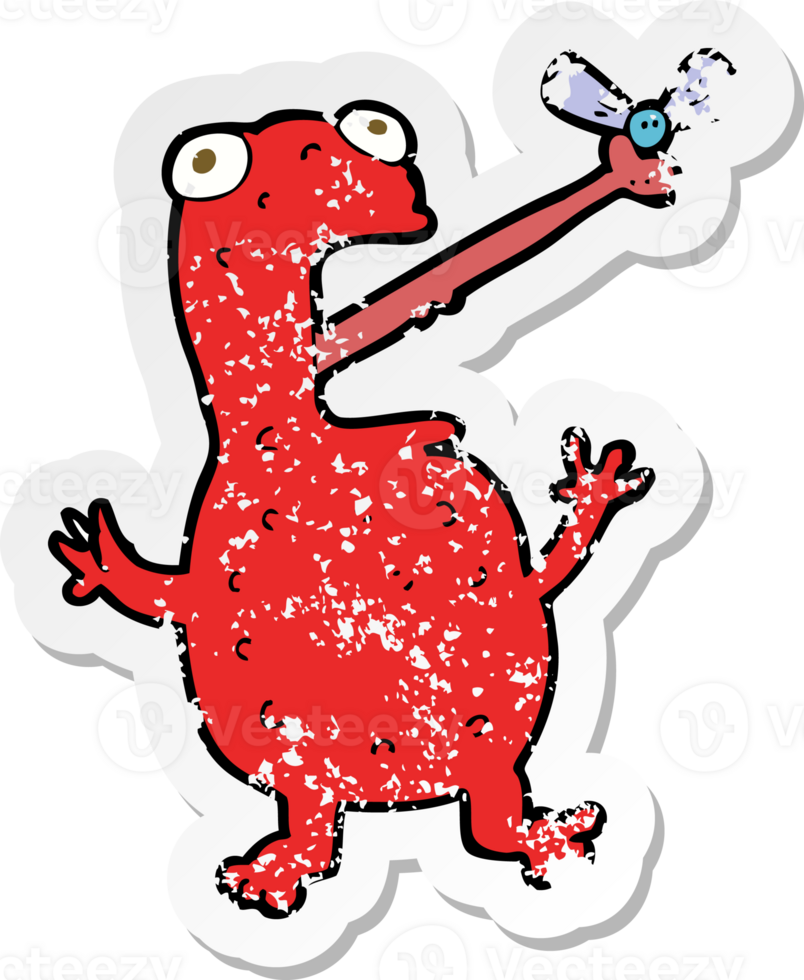 retro distressed sticker of a cartoon poisonous frog catching fly png