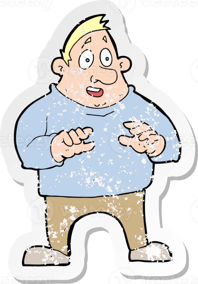 retro distressed sticker of a cartoon excited overweight man png