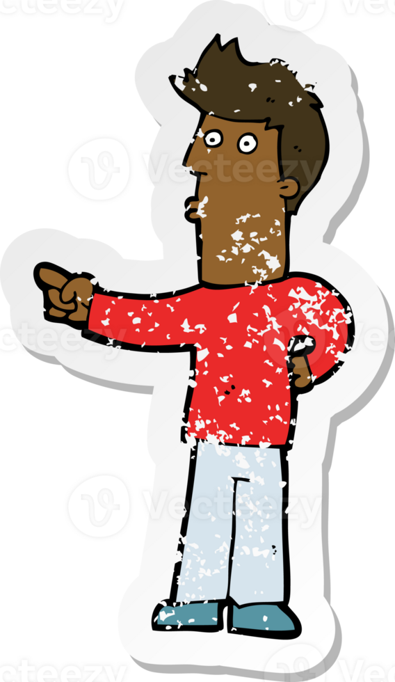 retro distressed sticker of a cartoon man pointing png