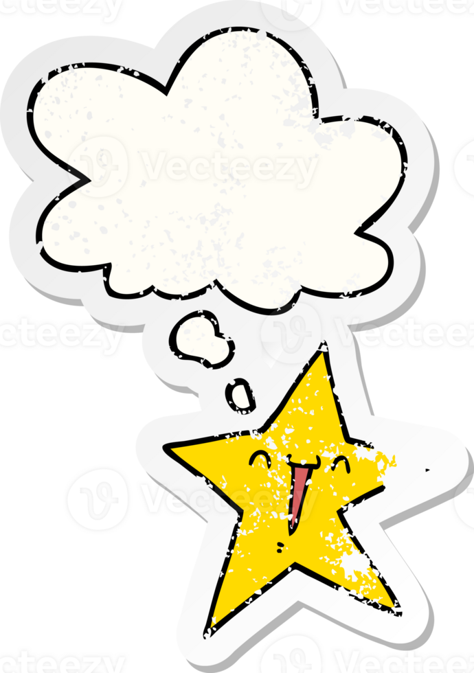 happy cartoon star and thought bubble as a distressed worn sticker png