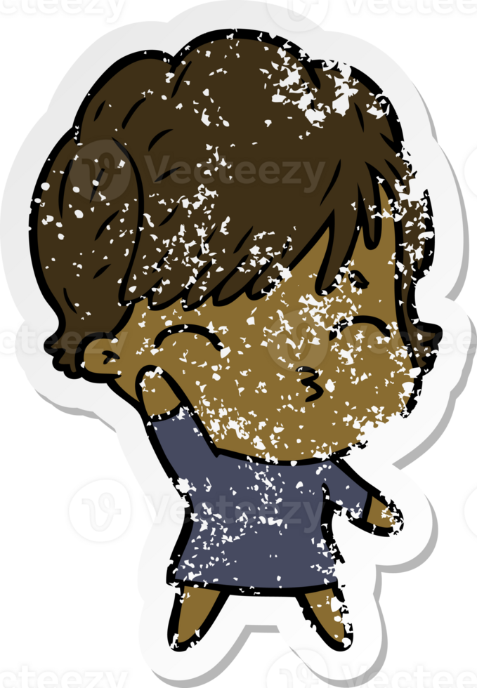 distressed sticker of a cartoon woman thinking png