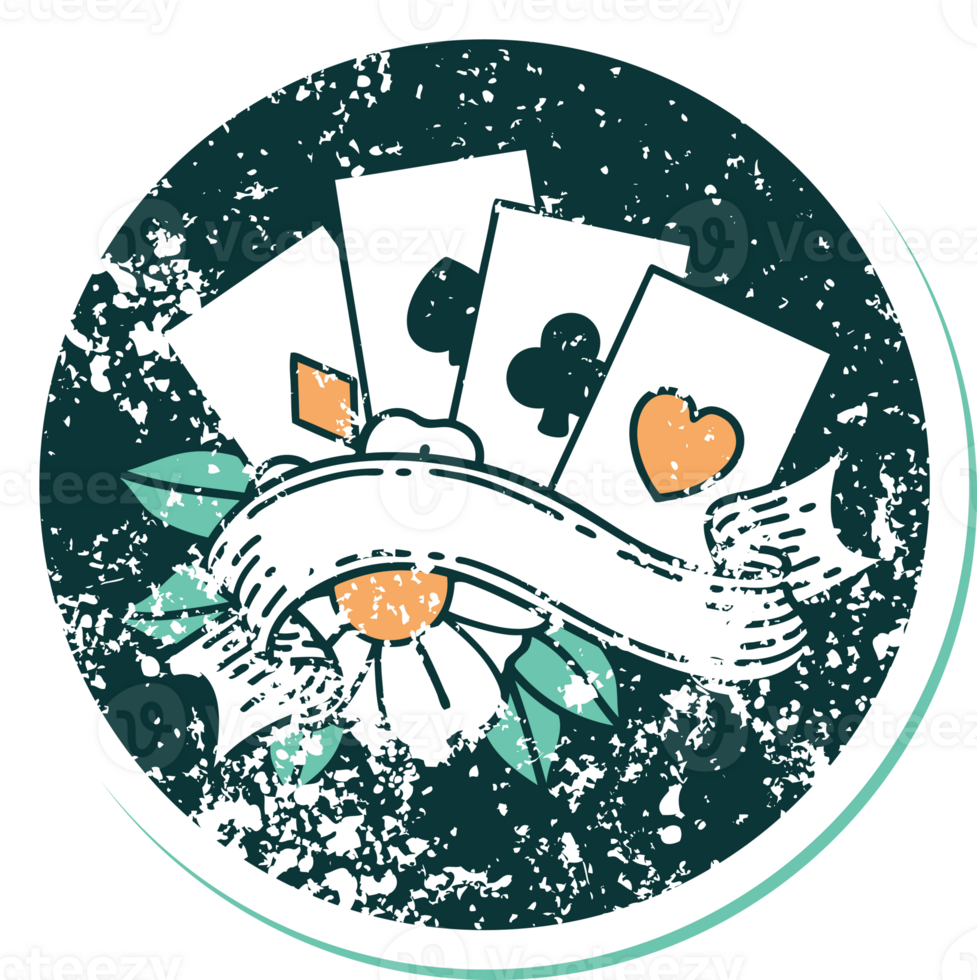 distressed sticker tattoo style icon of cards and banner png
