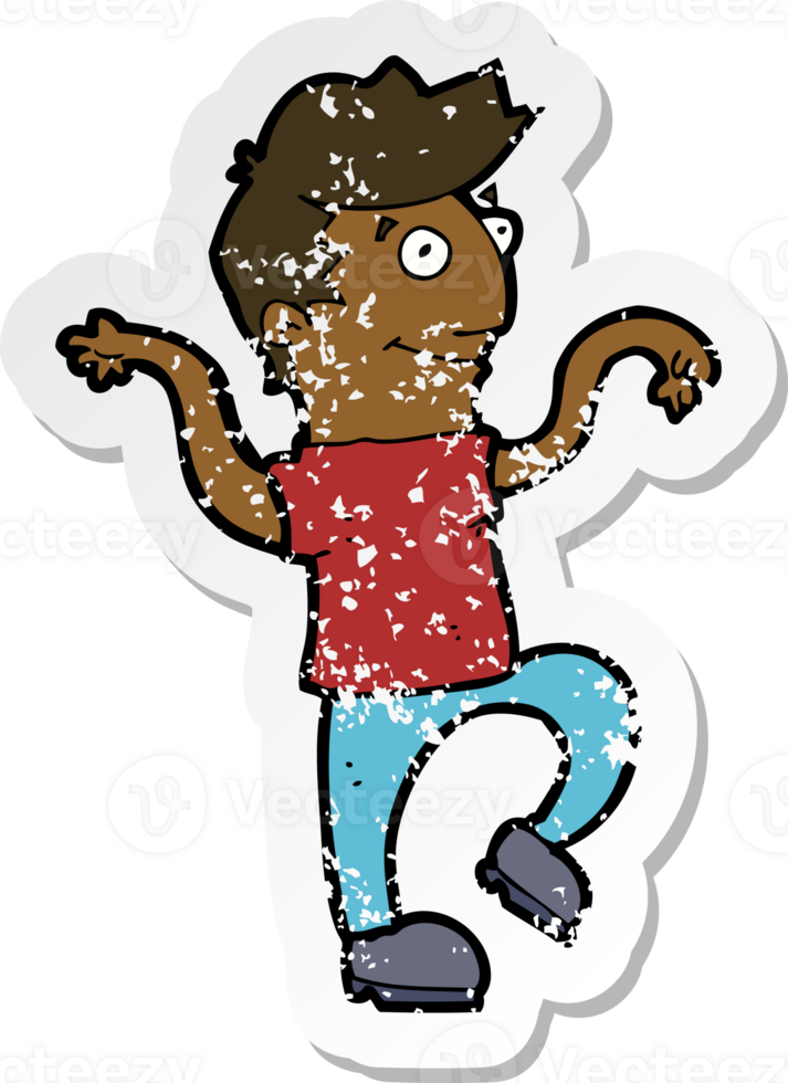 retro distressed sticker of a cartoon happy man doing funny dance png