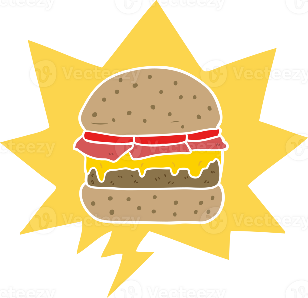 cartoon stacked burger and speech bubble in retro style png