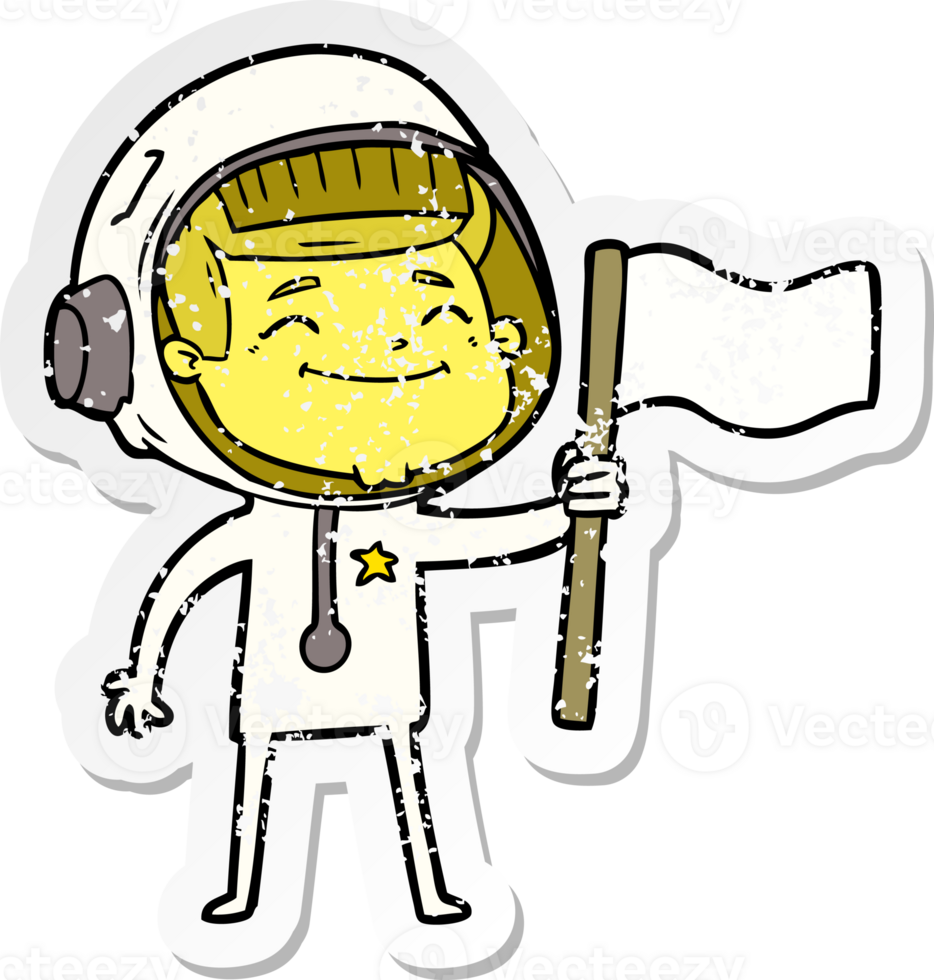 distressed sticker of a happy cartoon astronaut png