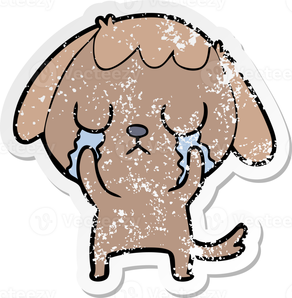 distressed sticker of a cute cartoon dog crying png
