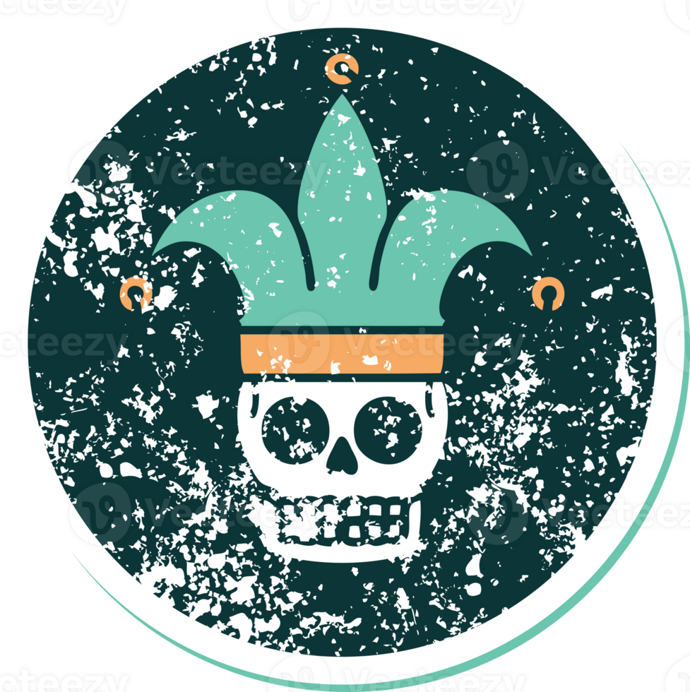 distressed sticker tattoo style icon of a skull jester png