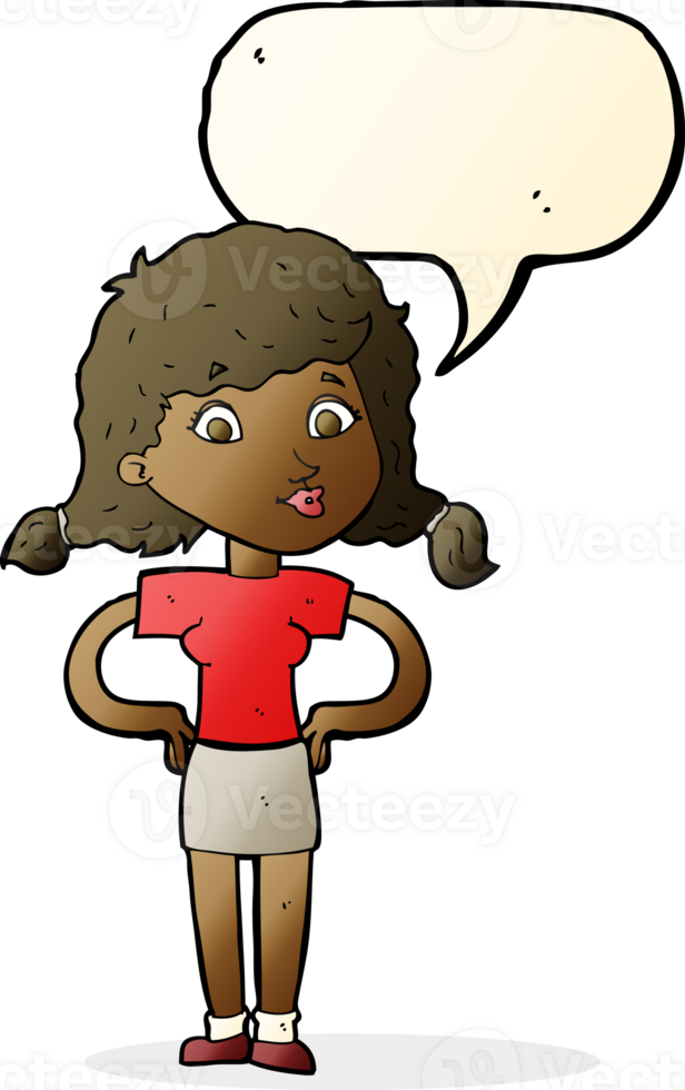 cartoon pretty girl with hands on hips with speech bubble png