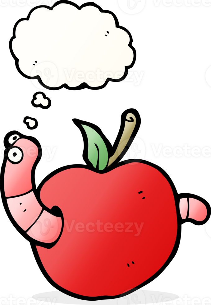 cartoon worm in apple with thought bubble png