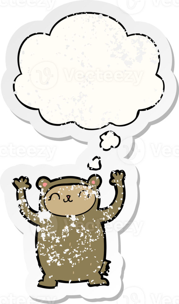 cute cartoon bear and thought bubble as a distressed worn sticker png