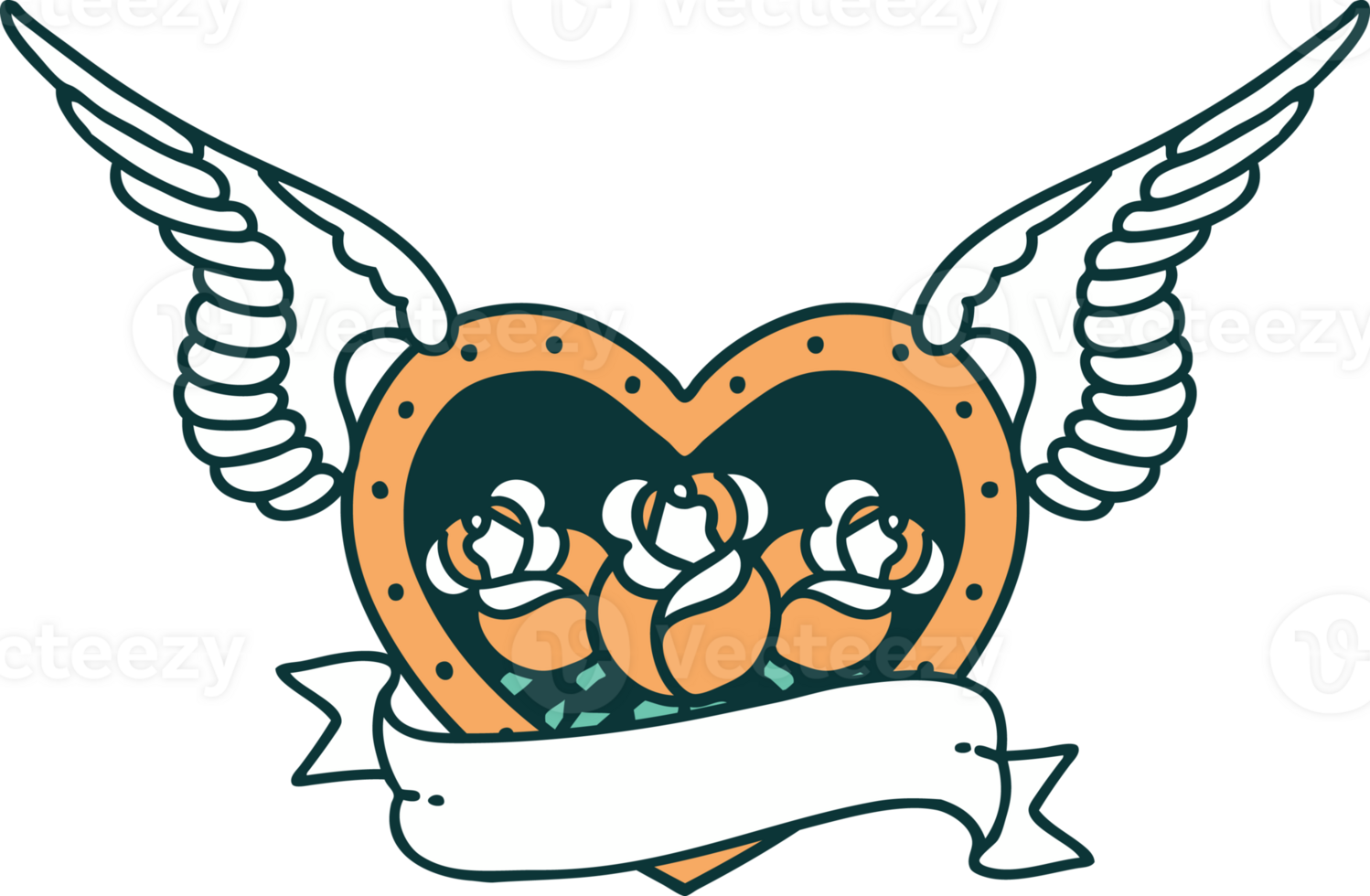 tattoo style icon of a flying heart with flowers and banner png
