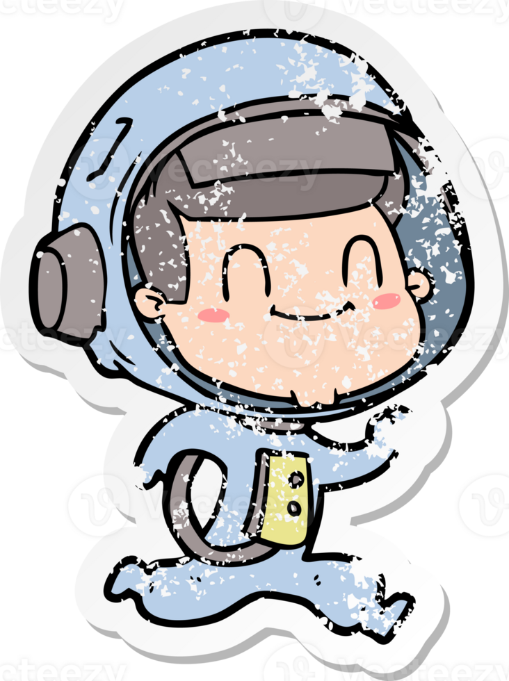 distressed sticker of a happy cartoon astronaut png