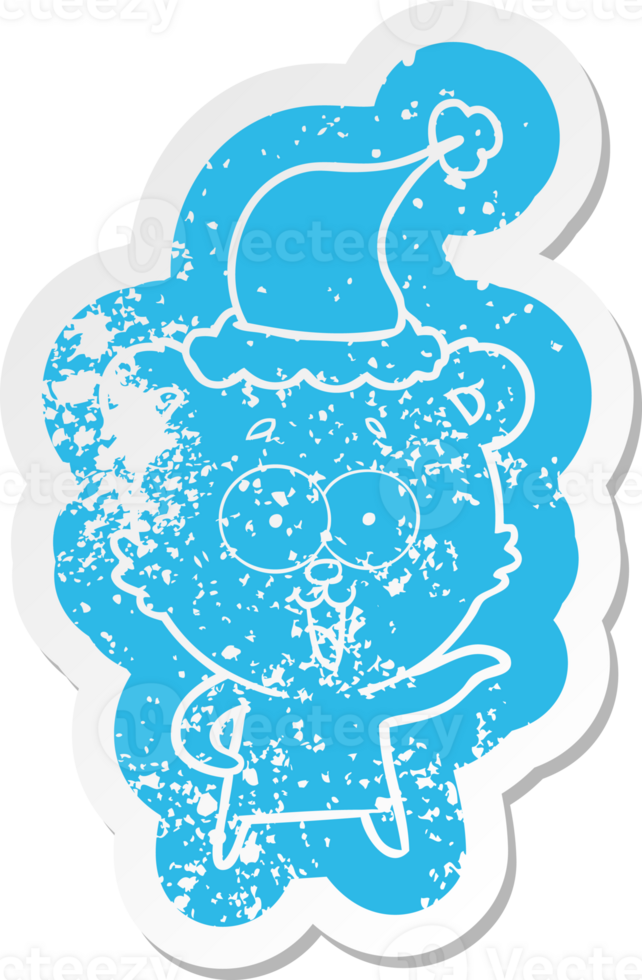 laughing teddy  bear cartoon distressed sticker of a wearing santa hat png