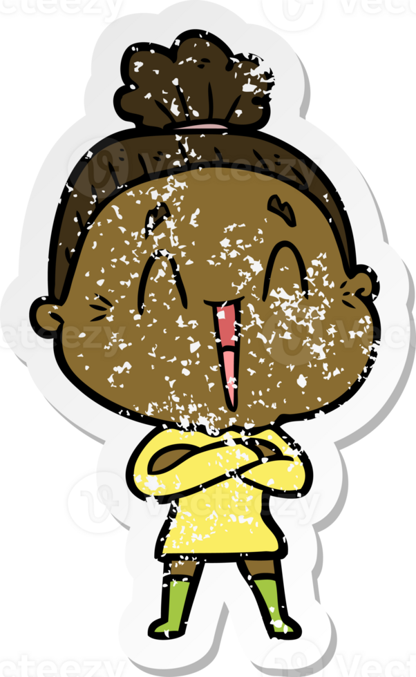 distressed sticker of a cartoon happy old lady png