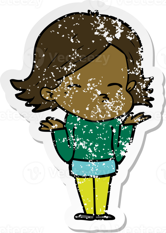 distressed sticker of a cartoon confused woman png