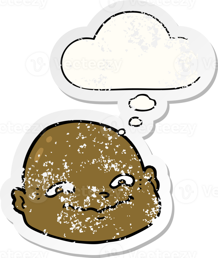 cartoon bald man and thought bubble as a distressed worn sticker png