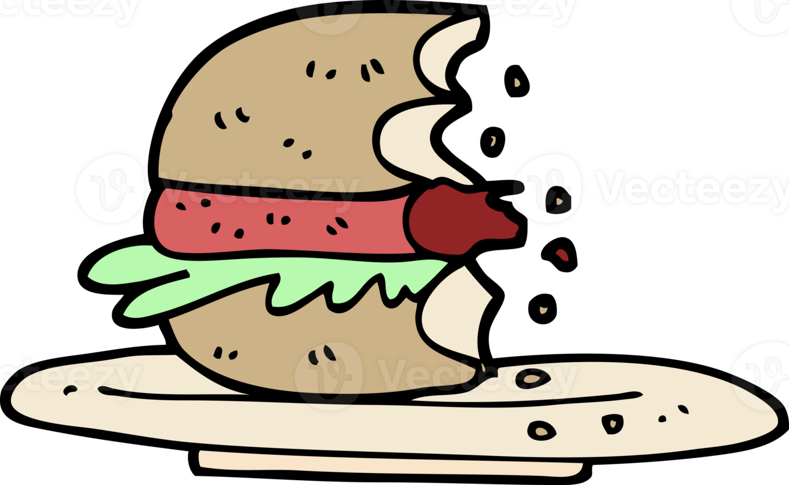 hand drawn doodle style cartoon half eaten burger png