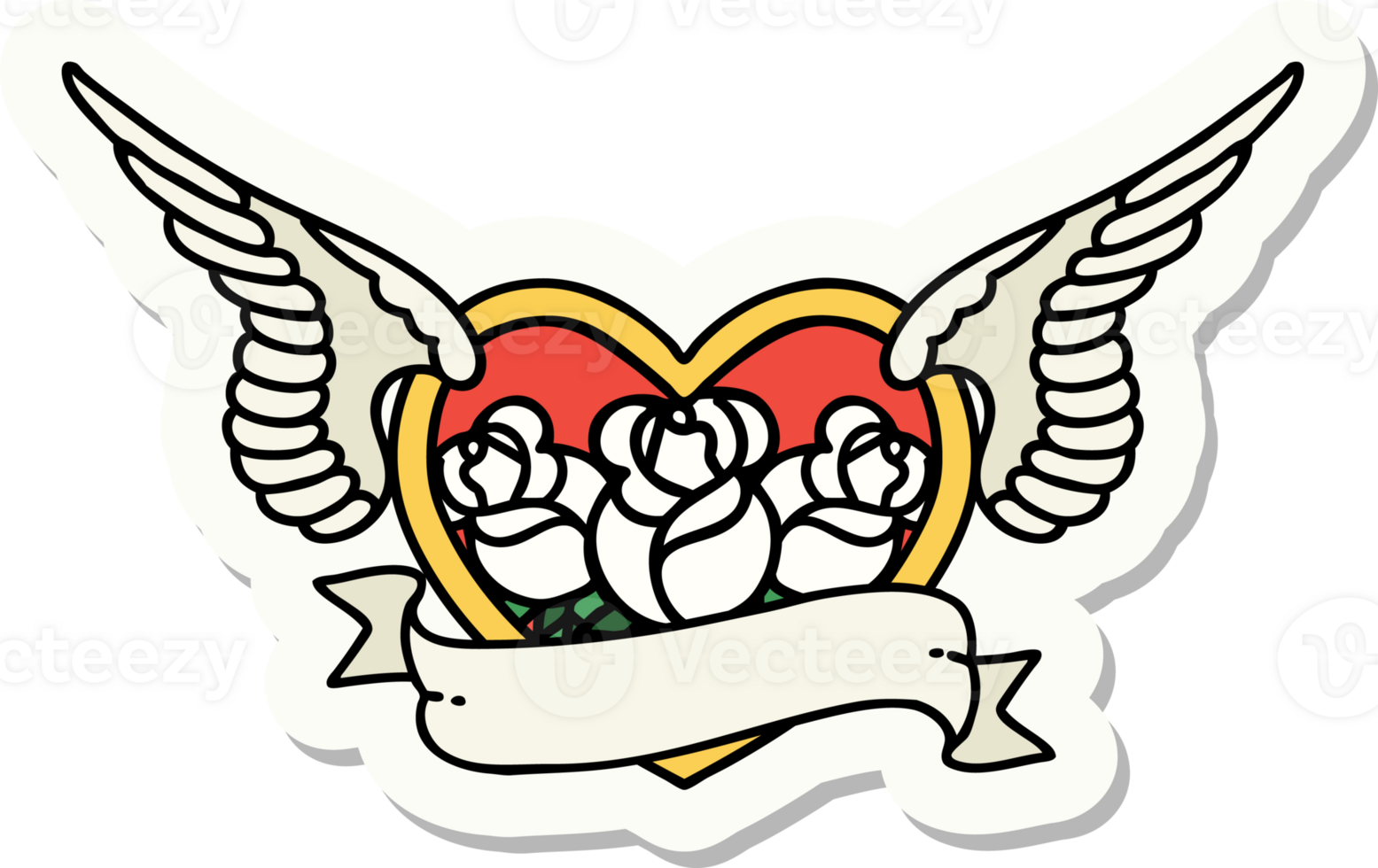 tattoo style sticker of a flying heart with flowers and banner png