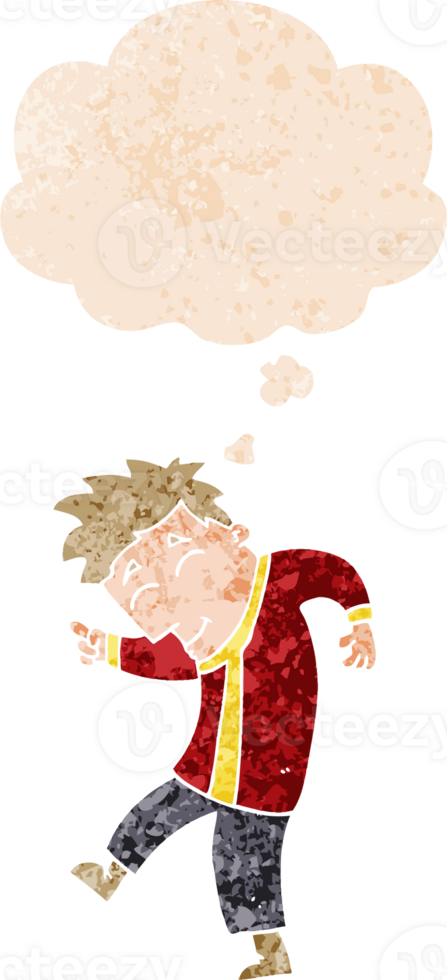 cartoon dancing man and thought bubble in retro textured style png