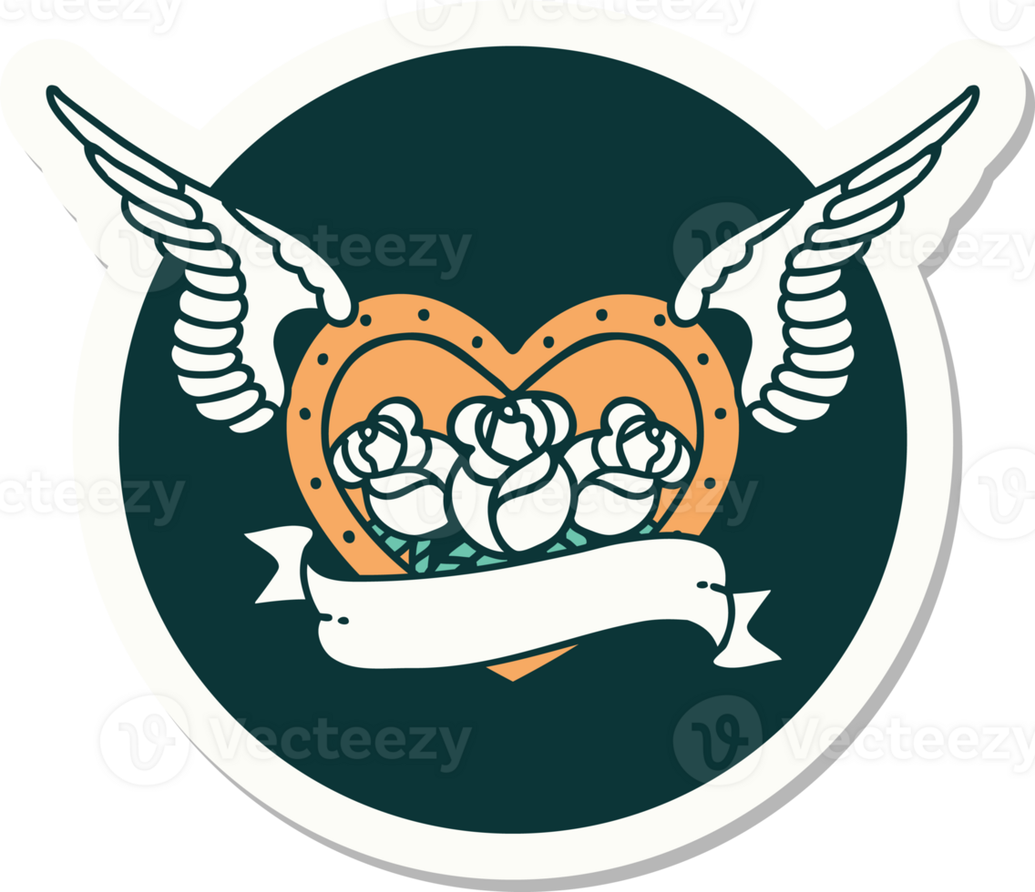 tattoo style sticker of a flying heart with flowers and banner png