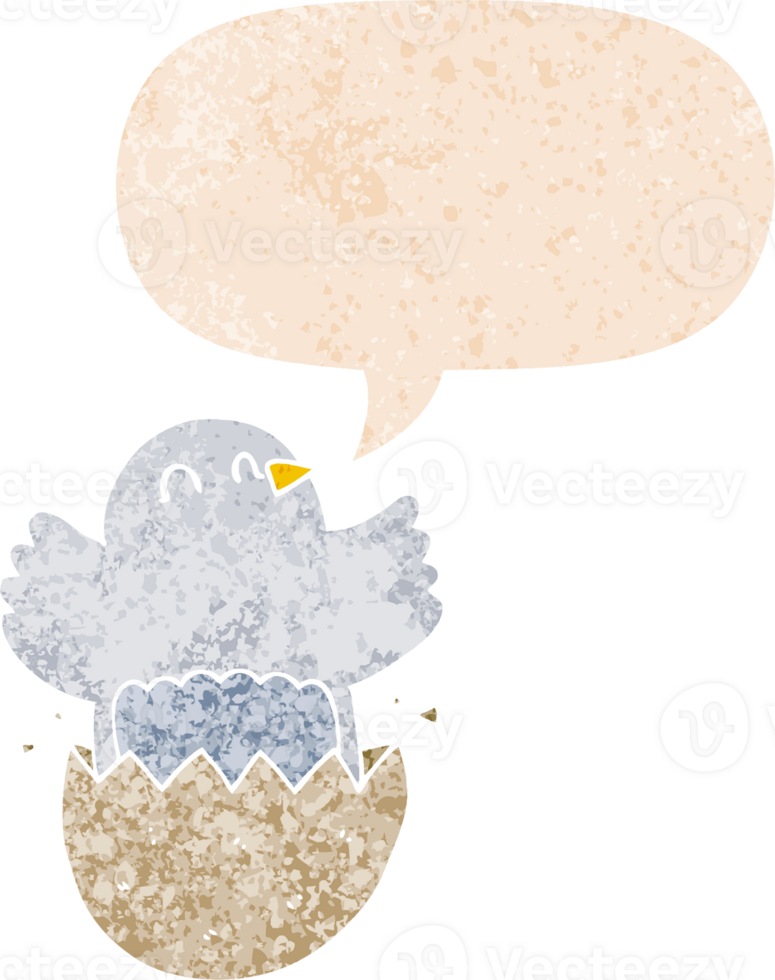cartoon hatching chicken and speech bubble in retro textured style png