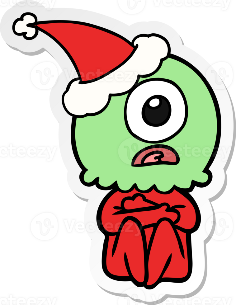 sticker cartoon of a cyclops alien spaceman wearing santa hat png