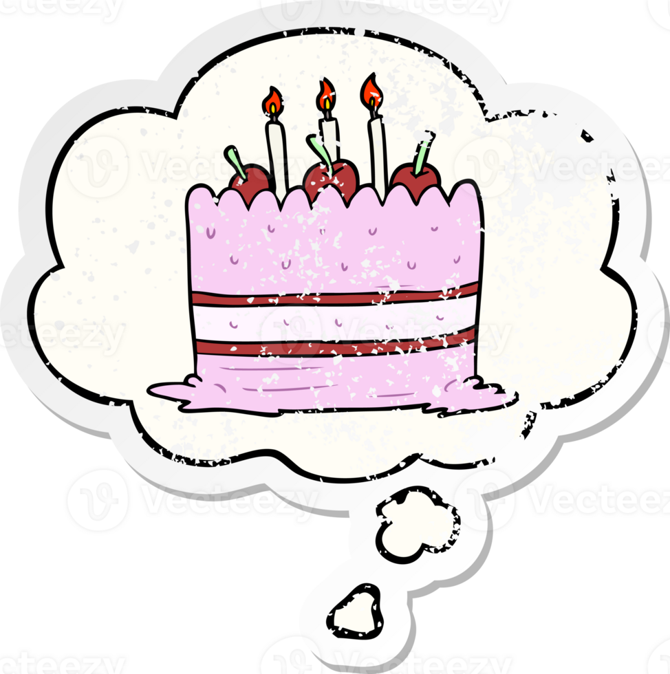 cartoon cake and thought bubble as a distressed worn sticker png