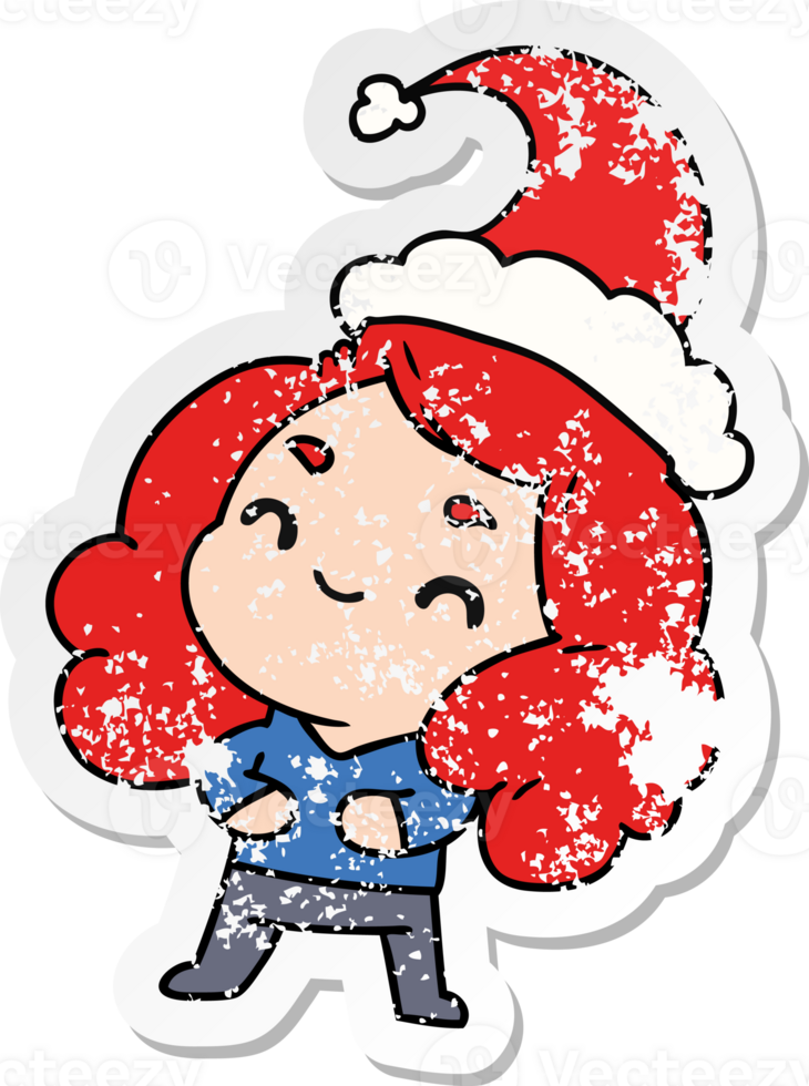 christmas distressed sticker cartoon of kawaii girl png