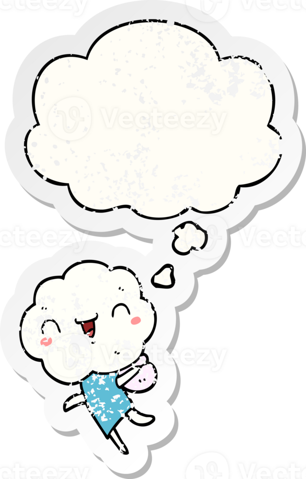 cute cartoon cloud head creature and thought bubble as a distressed worn sticker png