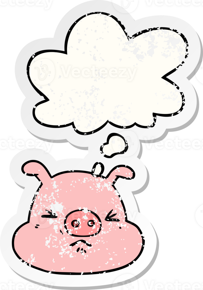 cartoon angry pig face and thought bubble as a distressed worn sticker png