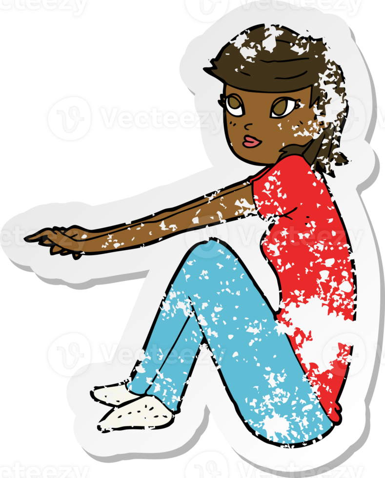retro distressed sticker of a cartoon pretty girl sitting png