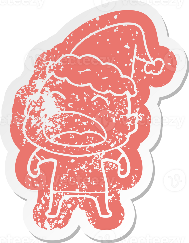 cartoon distressed sticker of a shouting bald man wearing santa hat png