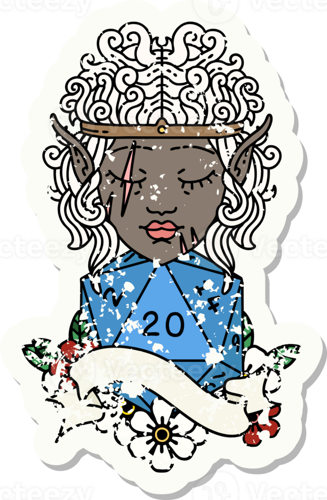 elf barbarian character face with natural twenty dice roll illustration png