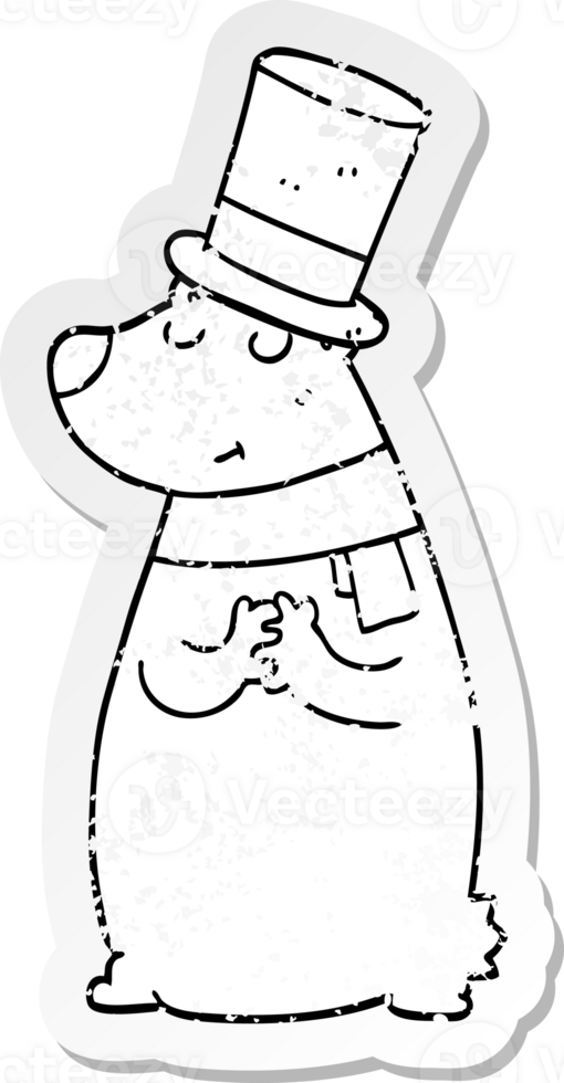 distressed sticker of a cartoon bear in top hat png