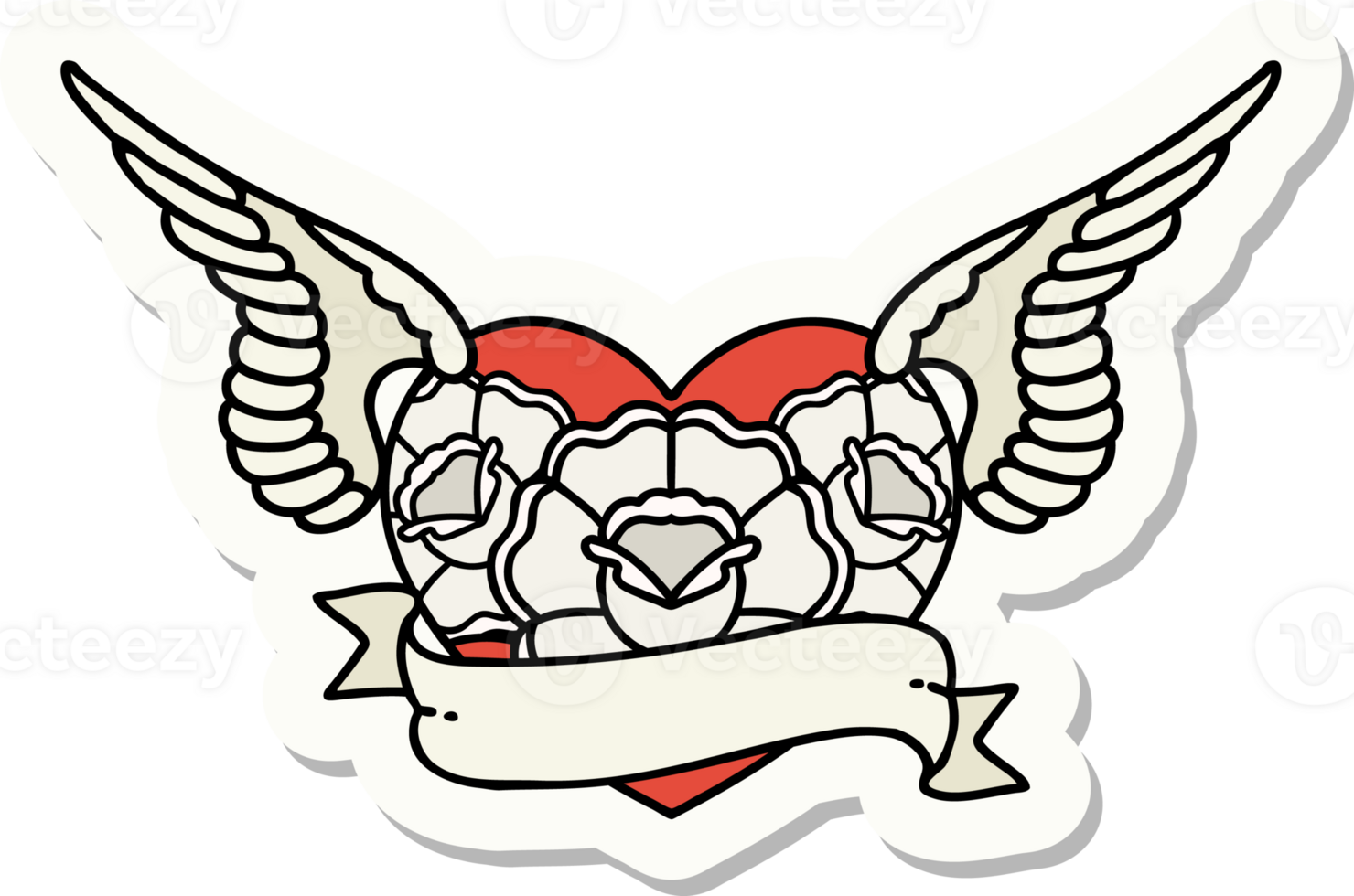 tattoo style sticker of a flying heart with flowers and banner png