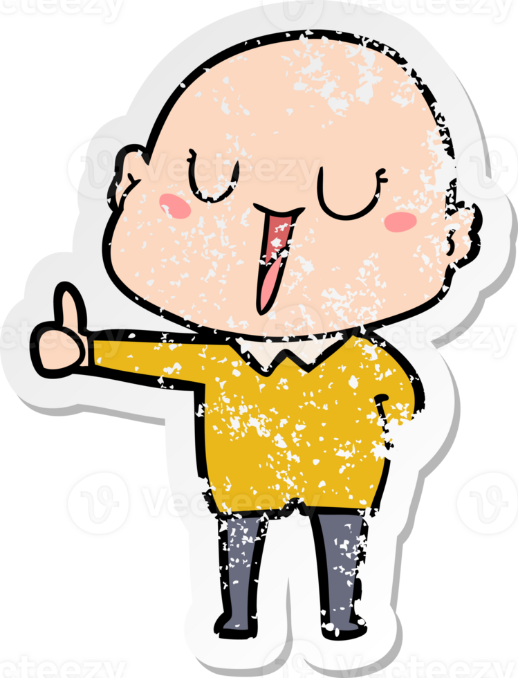 distressed sticker of a happy cartoon bald man png
