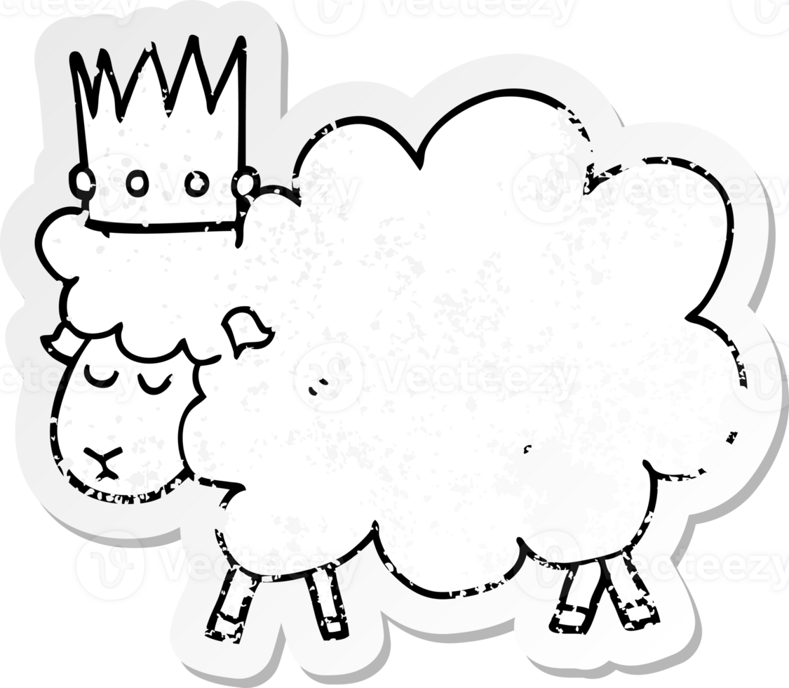distressed sticker of a cartoon sheep wearing crown png
