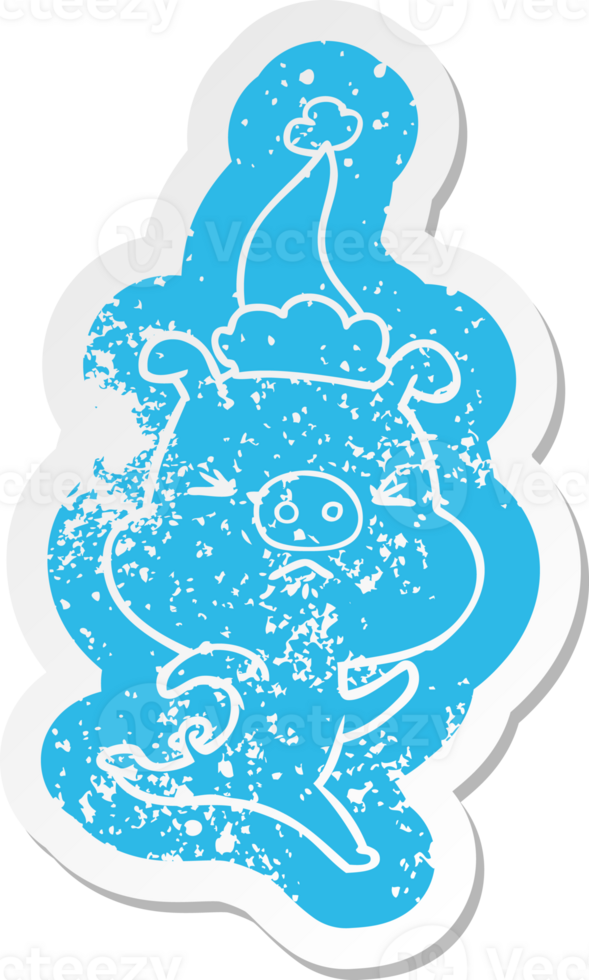 cartoon distressed sticker of a annoyed pig running wearing santa hat png