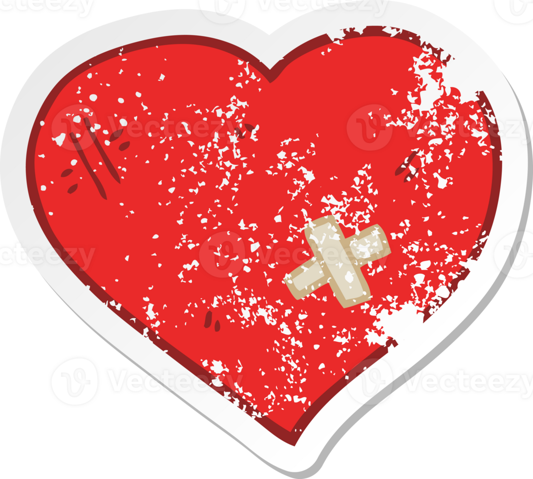 distressed sticker of a cartoon love heart with sticking plaster png