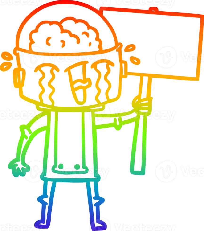 rainbow gradient line drawing cartoon crying robot waving sign png