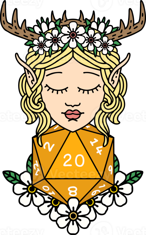 elf druid character with nautral twenty dice roll illustration png