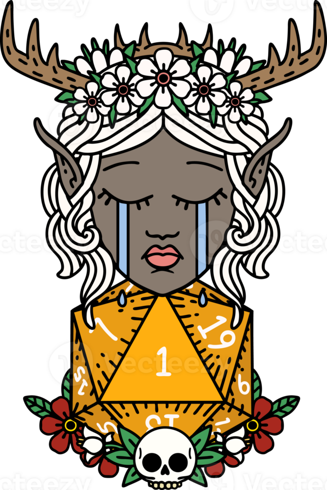crying elf druid character face with natural one D20 roll illustration png